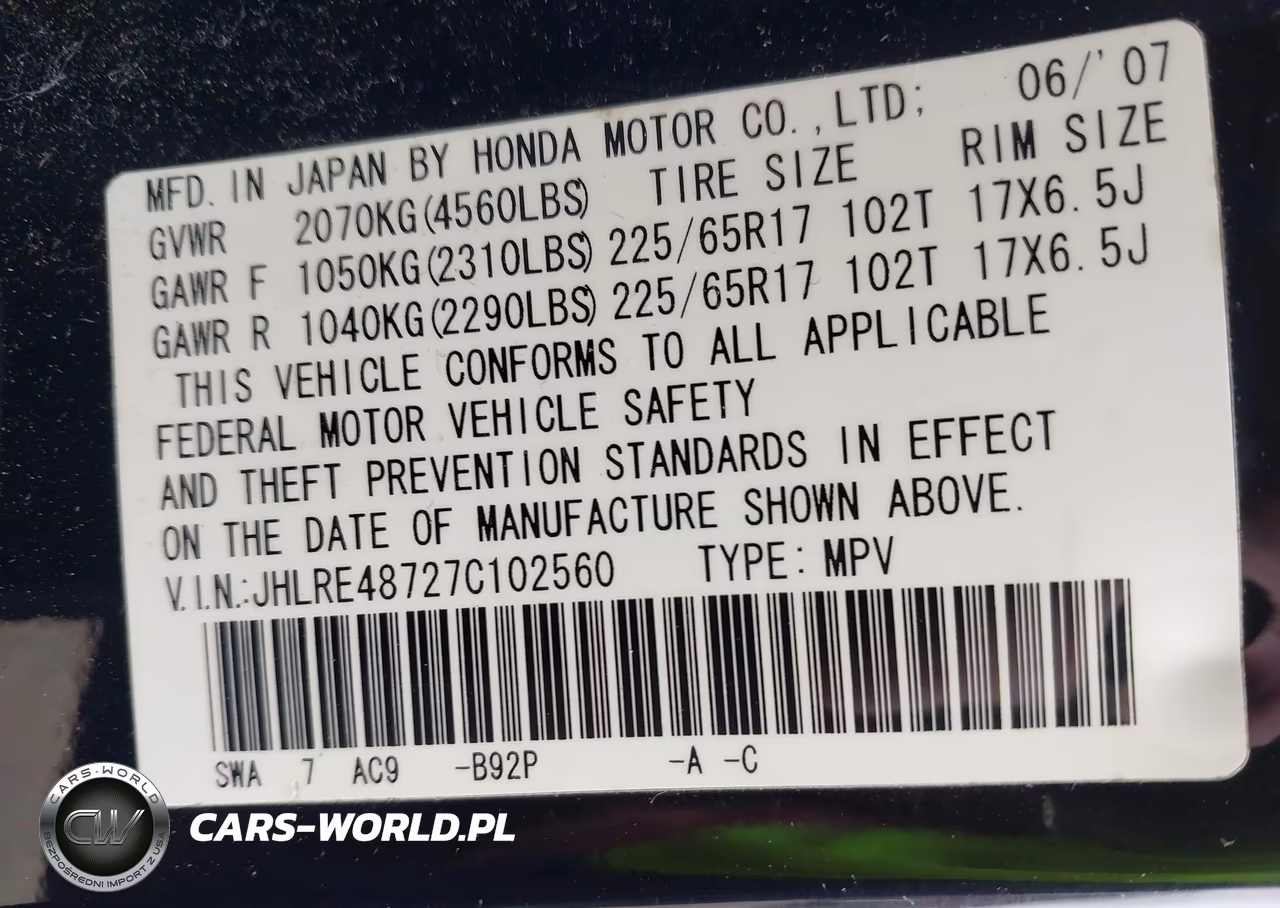 2007 Honda Cr-V Ex-L VIN:JHLRE48727C102560 - 9