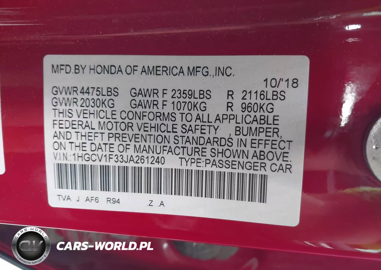 2018 Honda Accord Sport VIN:1HGCV1F33JA261240 - 9