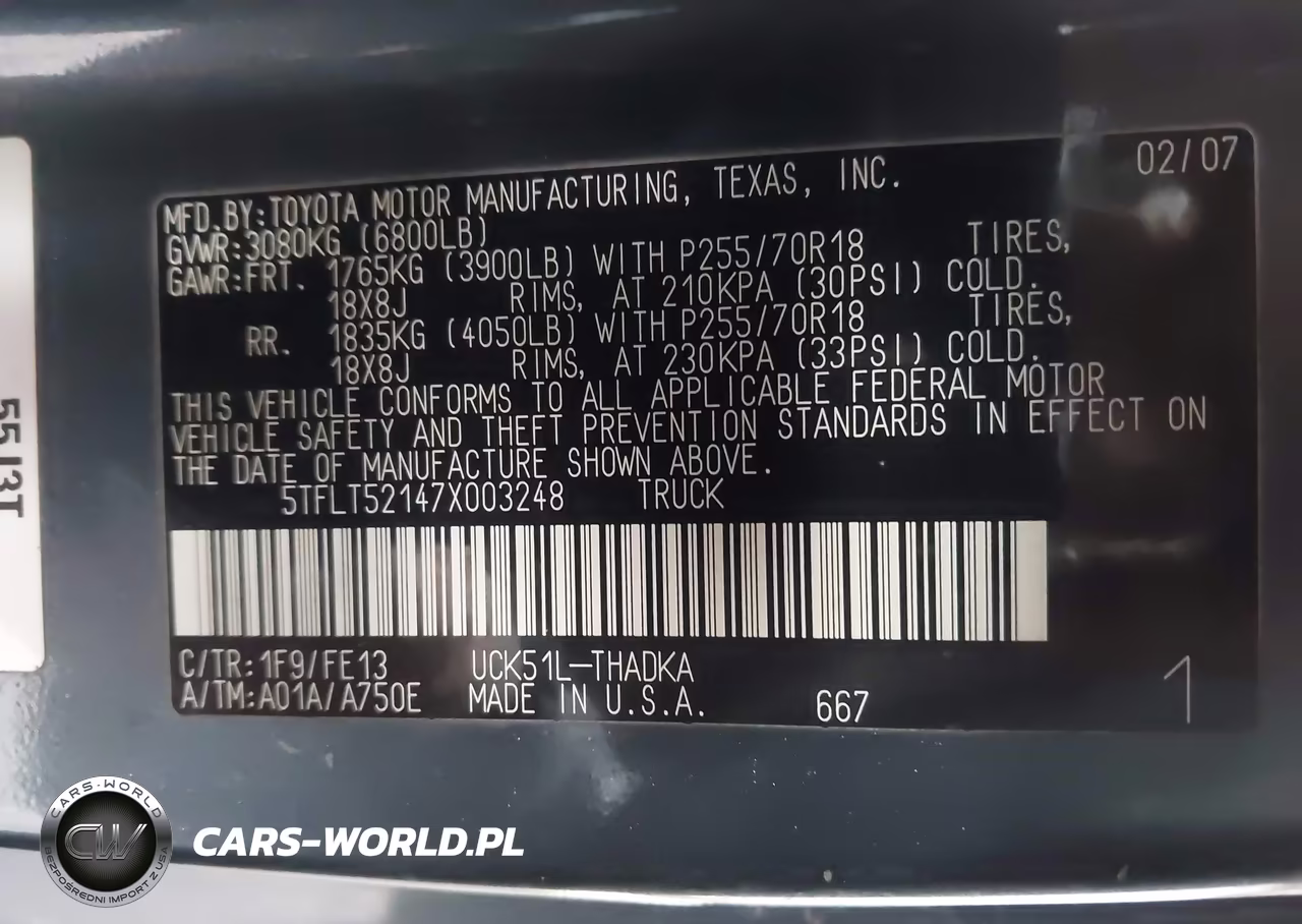 2007 Toyota Tundra Base V8 VIN:5TFLT52147X003248 - 9