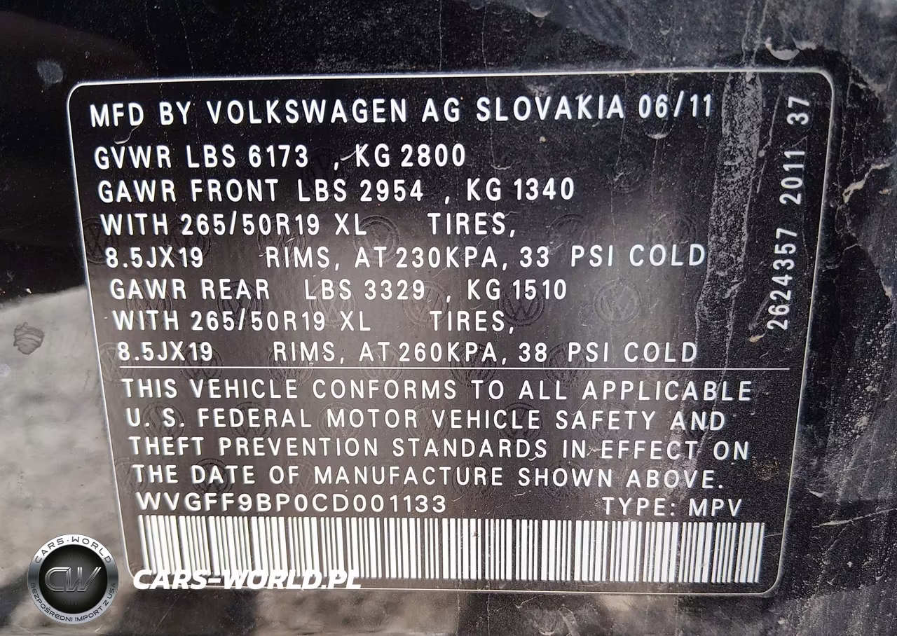 2012 Volkswagen Touareg Vr6 Lux VIN:WVGFF9BP0CD001133 - 9