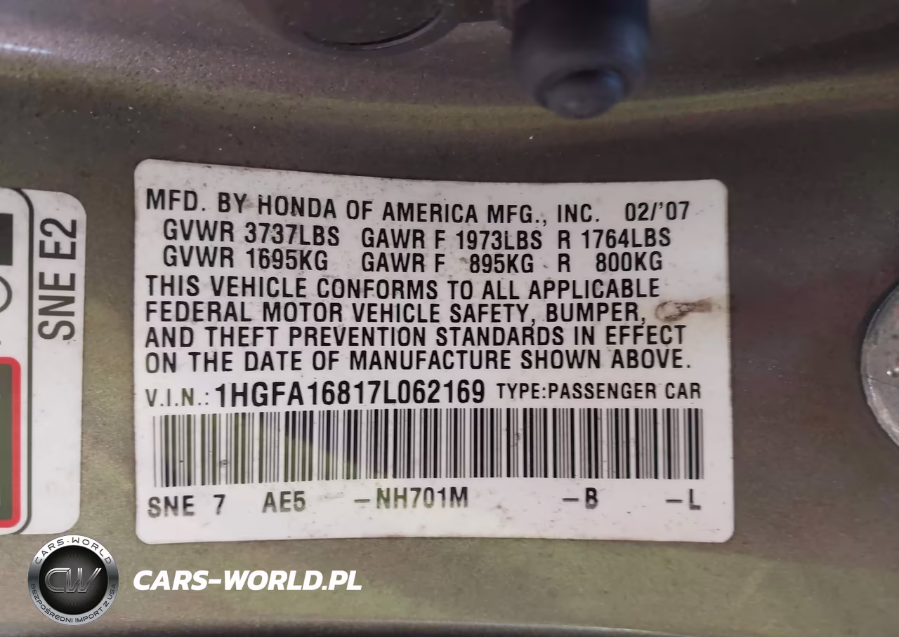 2007 Honda Civic Ex VIN:1HGFA16817L062169 - 9