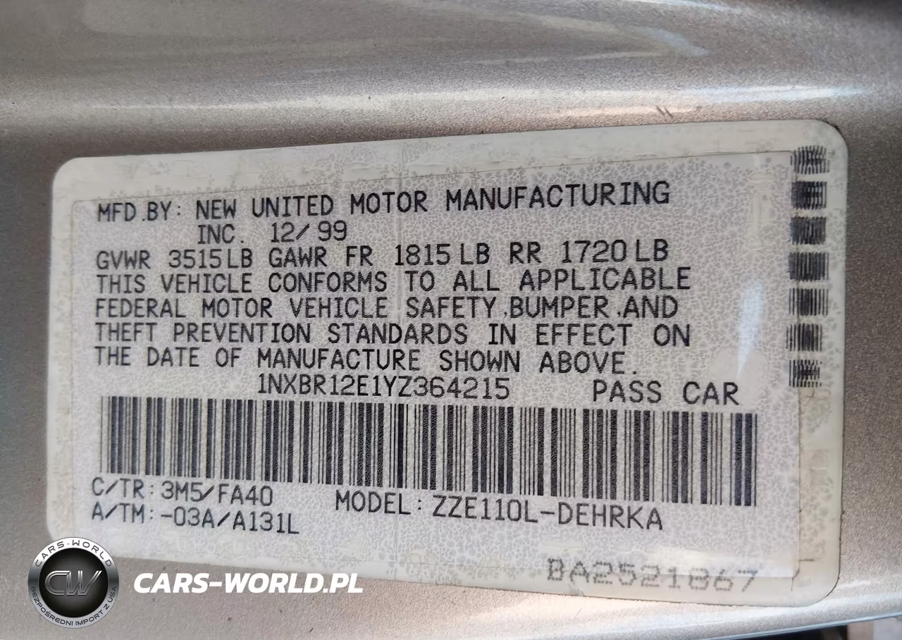2000 Toyota Corolla Ve VIN:1NXBR12E1YZ364215 - 9