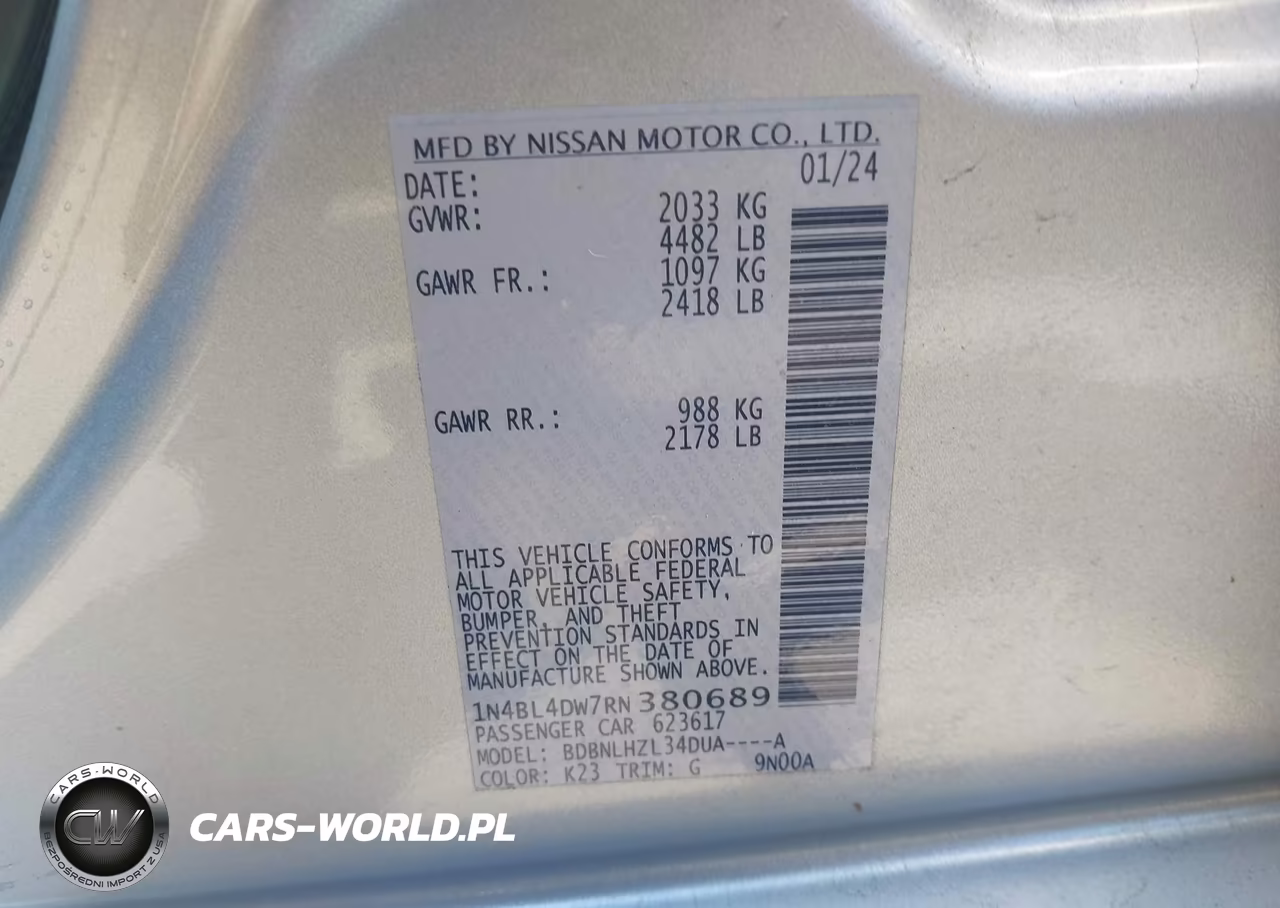 2024 Nissan Altima Sv Intelligent Awd VIN:1N4BL4DW7RN380689 - 9
