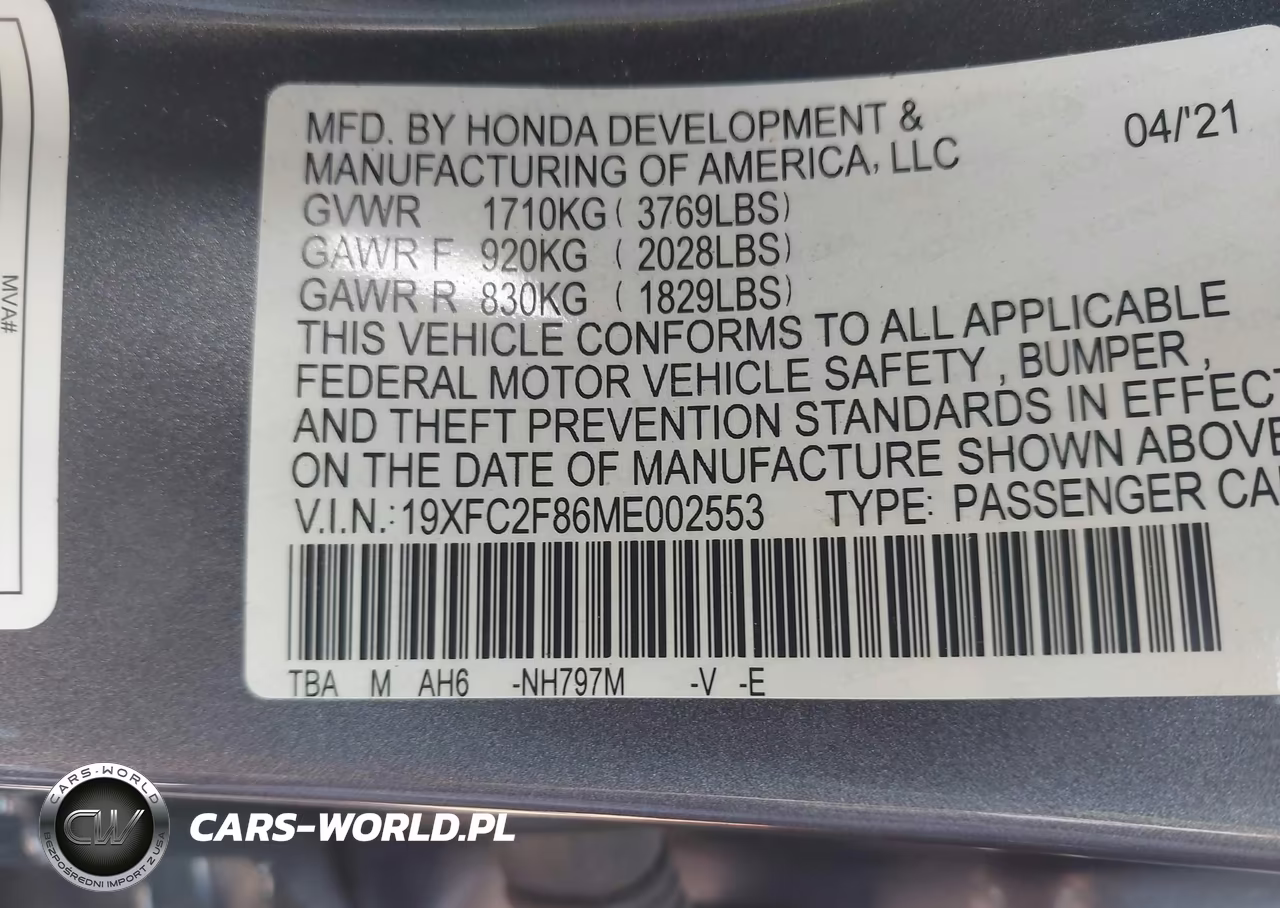 2021 Honda Civic Sport VIN:19XFC2F86ME002553 - 9