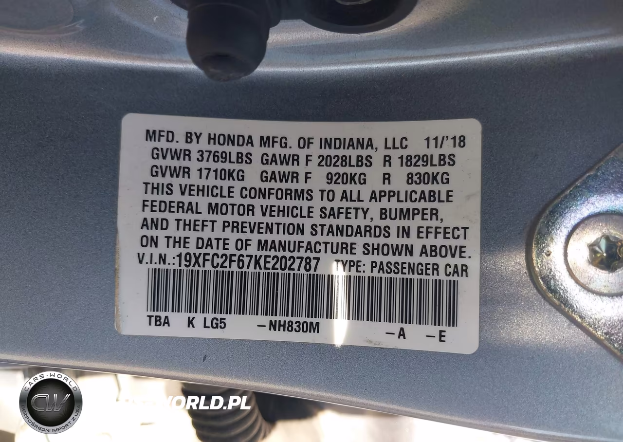2019 Honda Civic Lx VIN:19XFC2F67KE202787 - 9