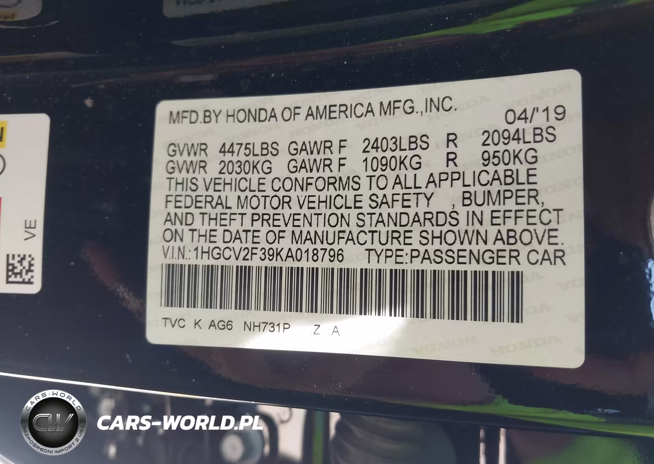 2019 Honda Accord Sport 2.0T VIN:1HGCV2F39KA018796 - 9