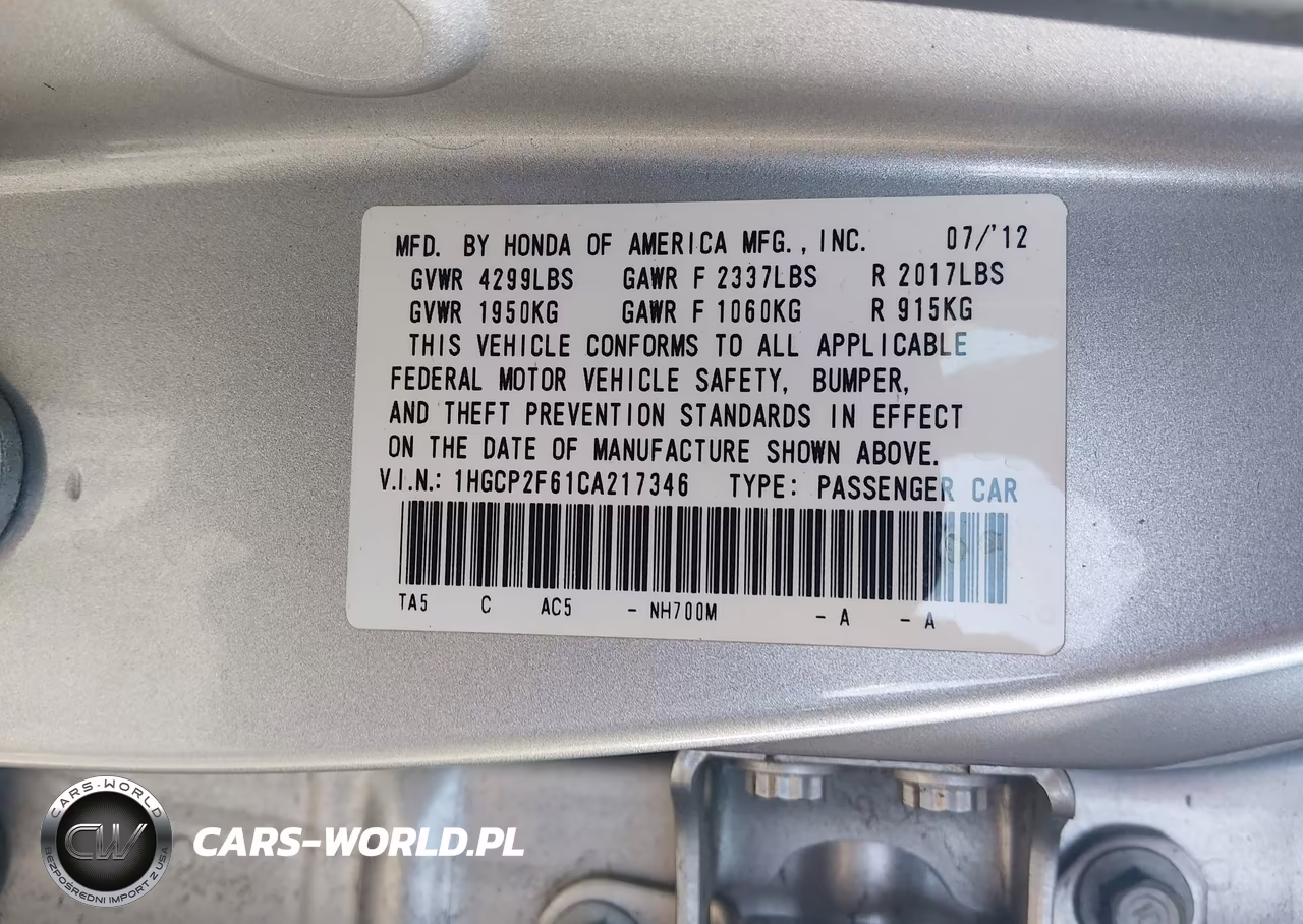 2012 Honda Accord 2.4 Se VIN:1HGCP2F61CA217346 - 9