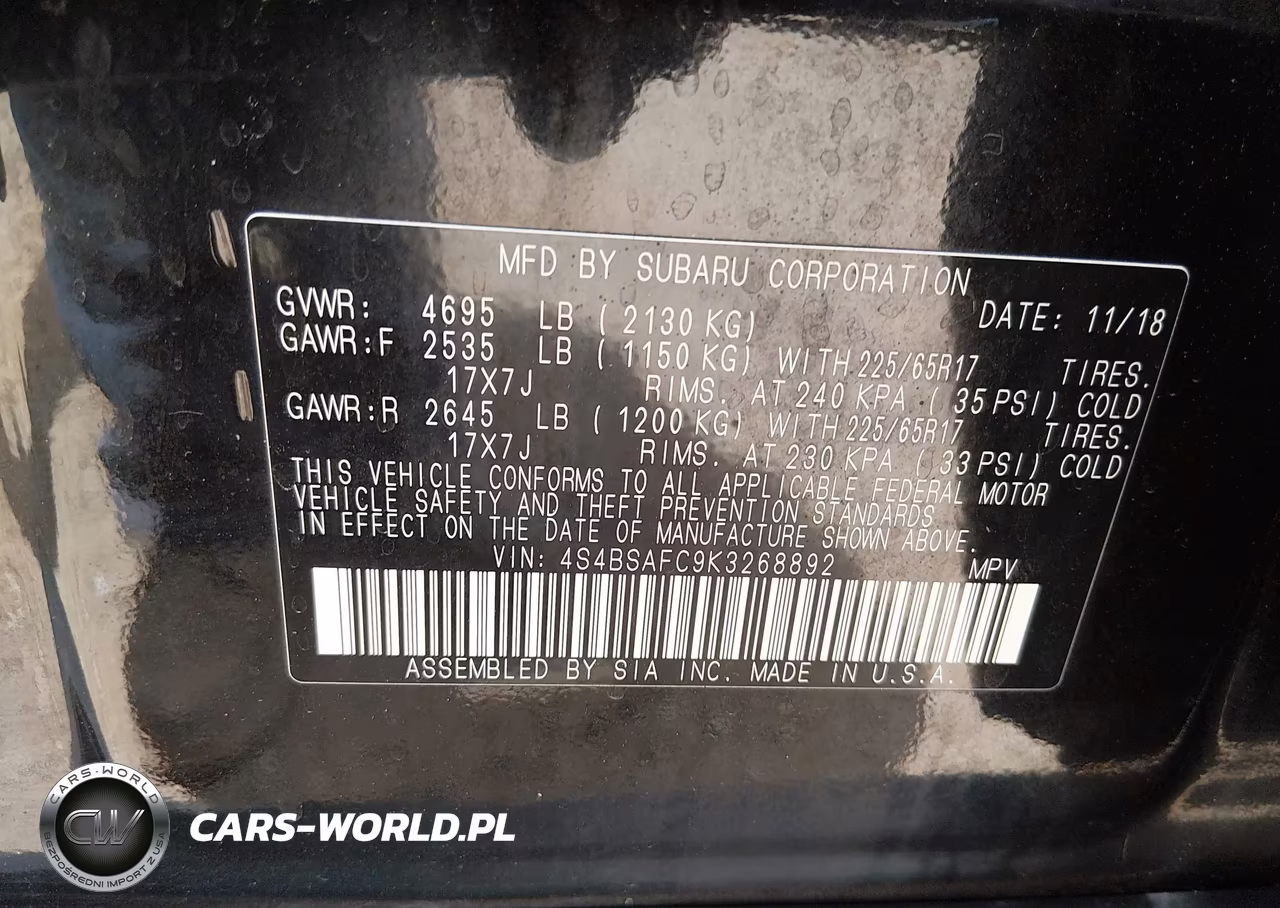 2019 Subaru Outback 2.5I Premium VIN:4S4BSAFC9K3268892 - 9