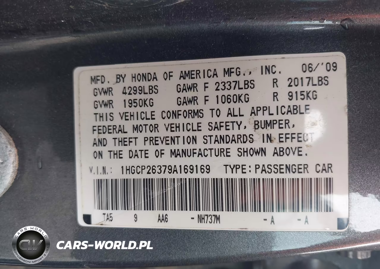 2009 Honda Accord 2.4 Lx VIN:1HGCP26379A169169 - 9