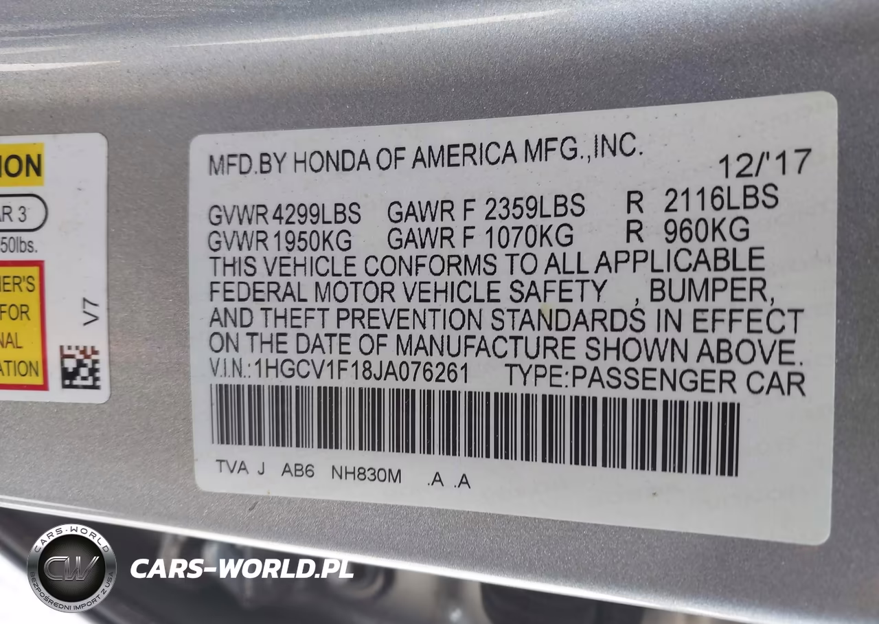 2018 Honda Accord Lx VIN:1HGCV1F18JA076261 - 9