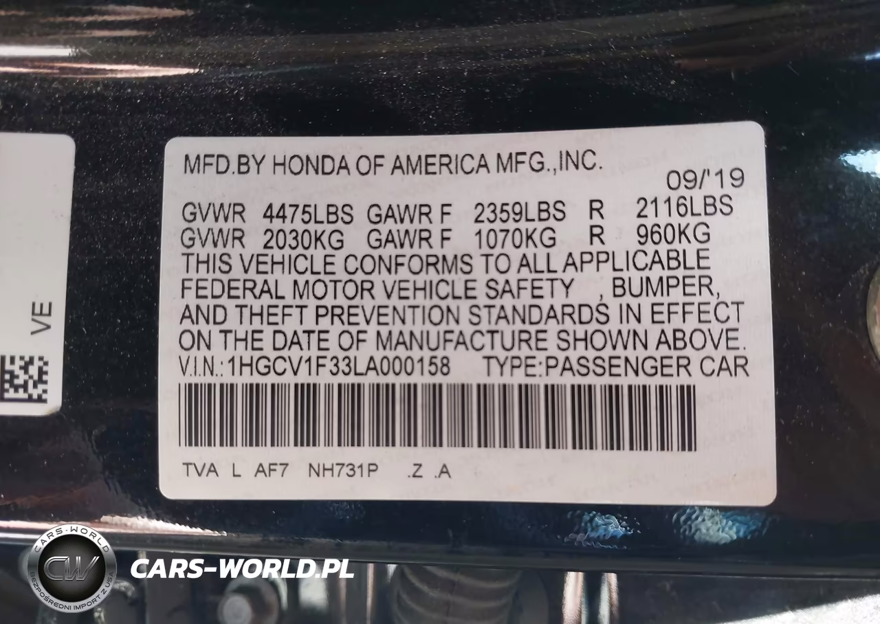 2020 Honda Accord Sport VIN:1HGCV1F33LA000158 - 9