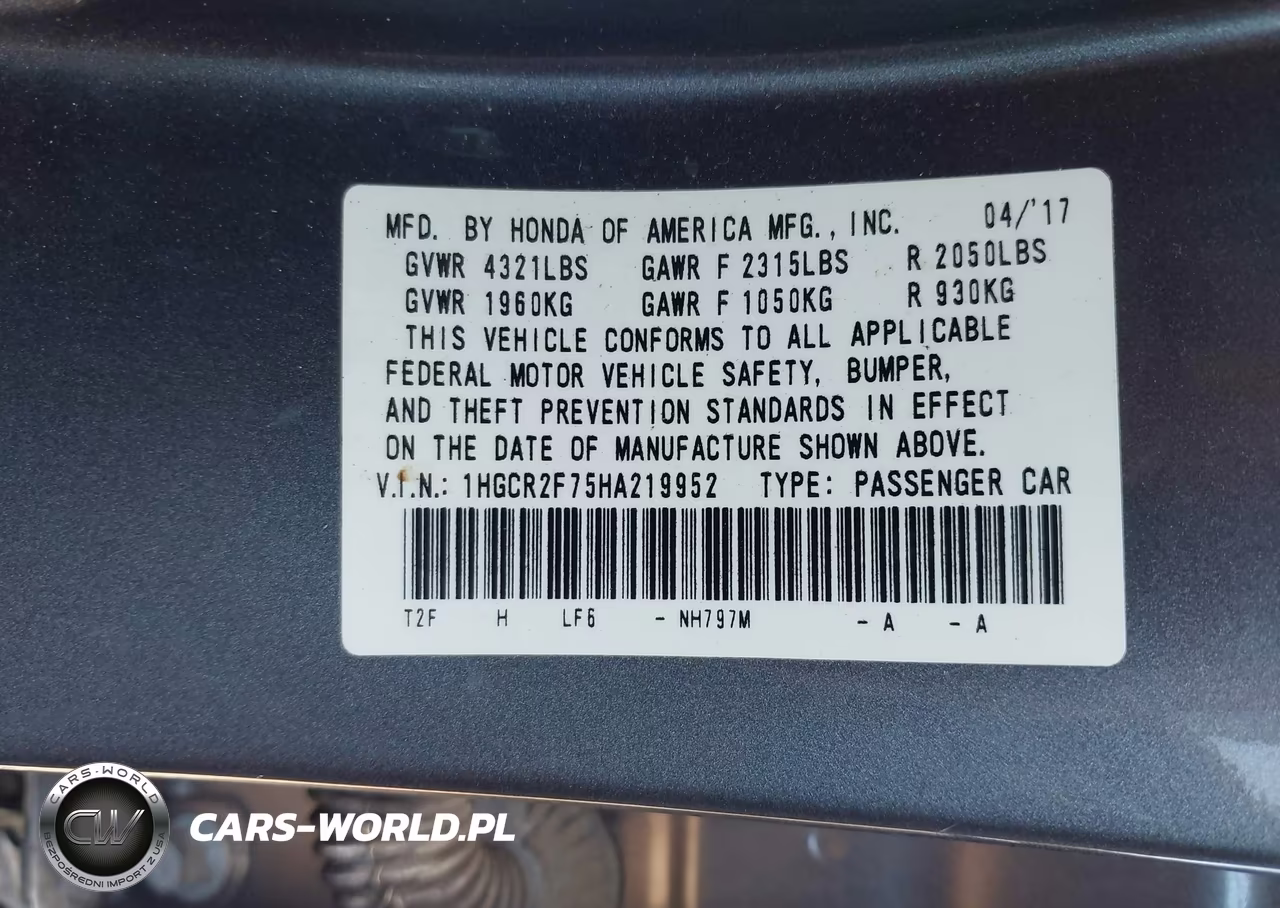 2017 Honda Accord Ex VIN:1HGCR2F75HA219952 - 9