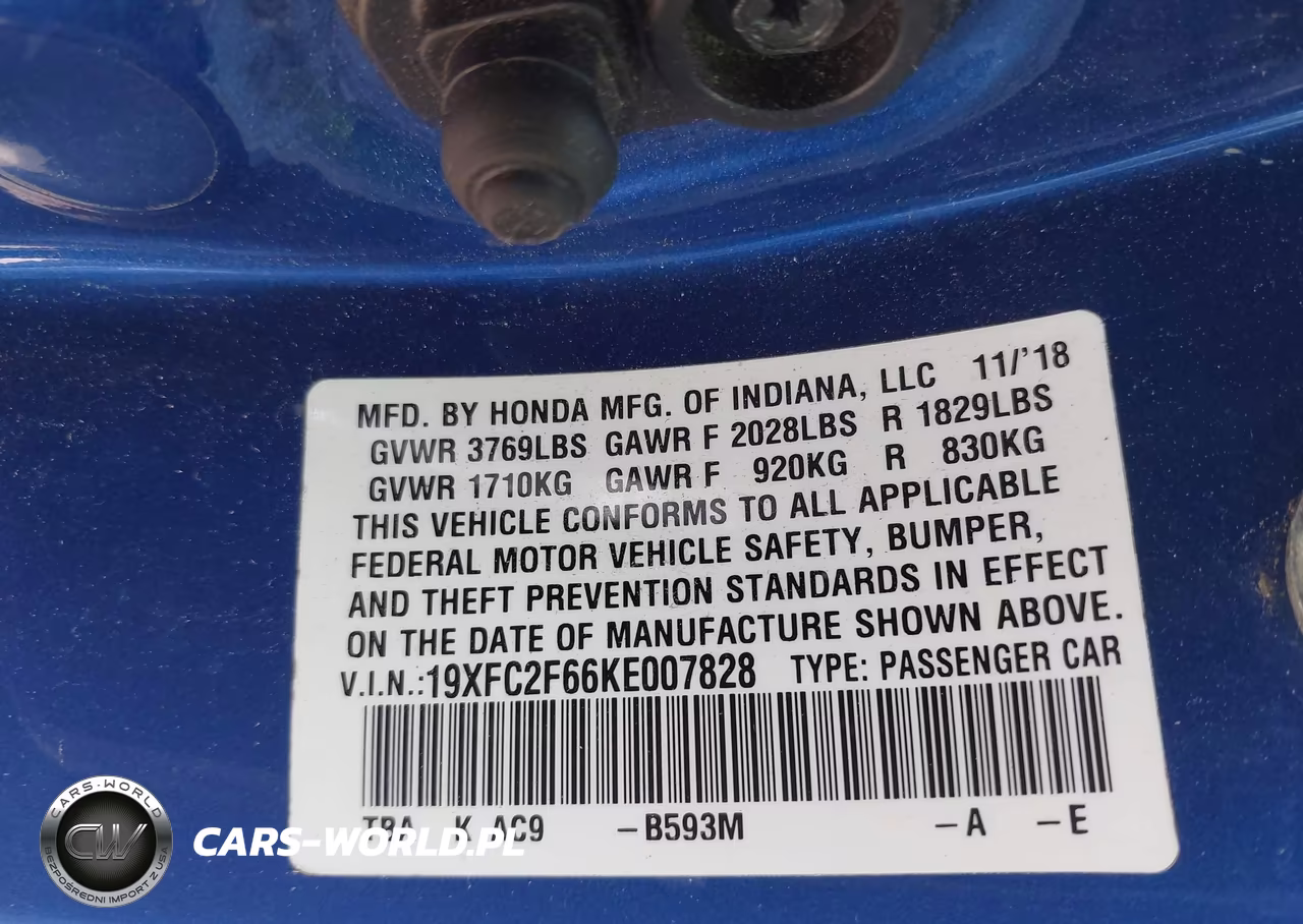 2019 Honda Civic Lx VIN:19XFC2F66KE007828 - 9