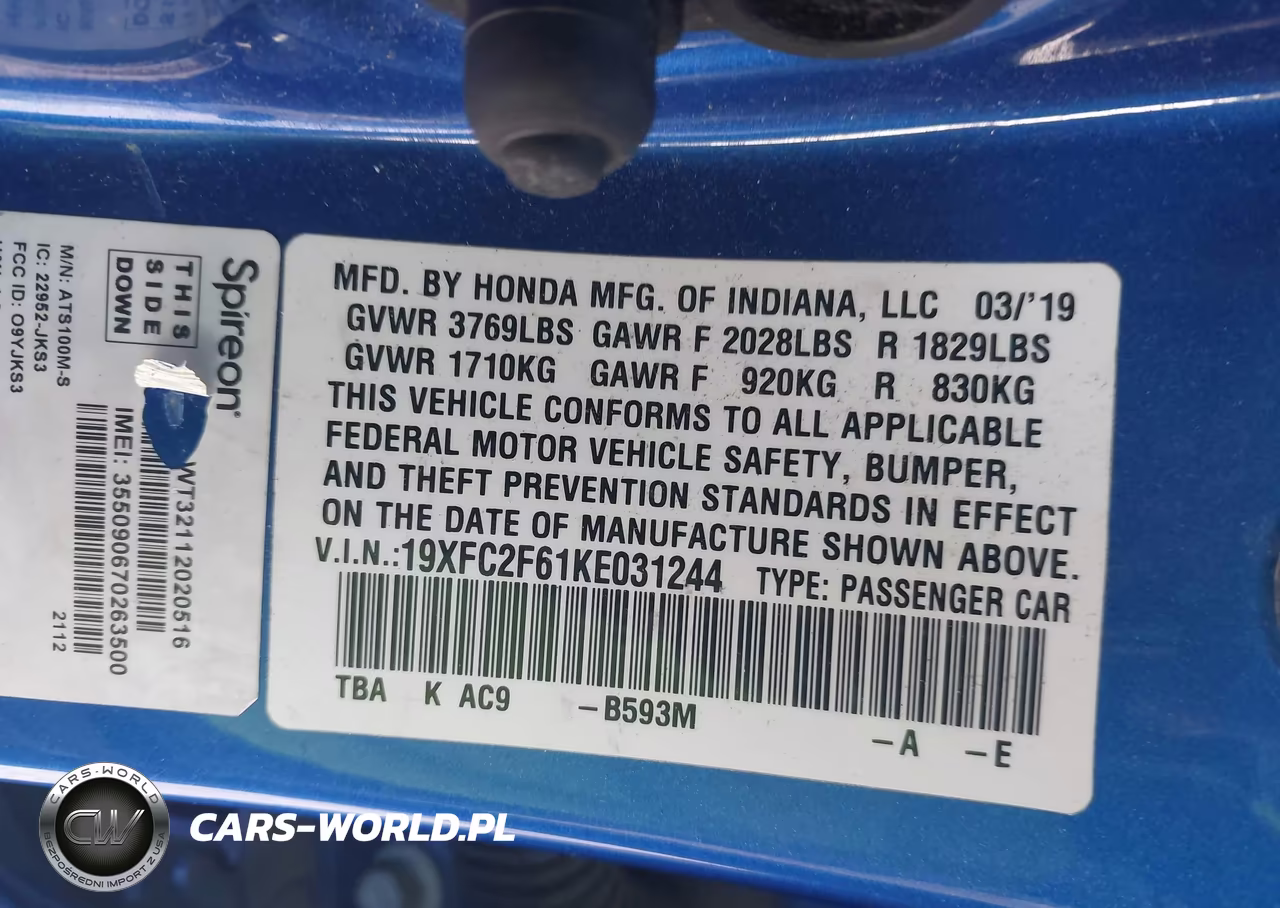 2019 Honda Civic Lx VIN:19XFC2F61KE031244 - 9