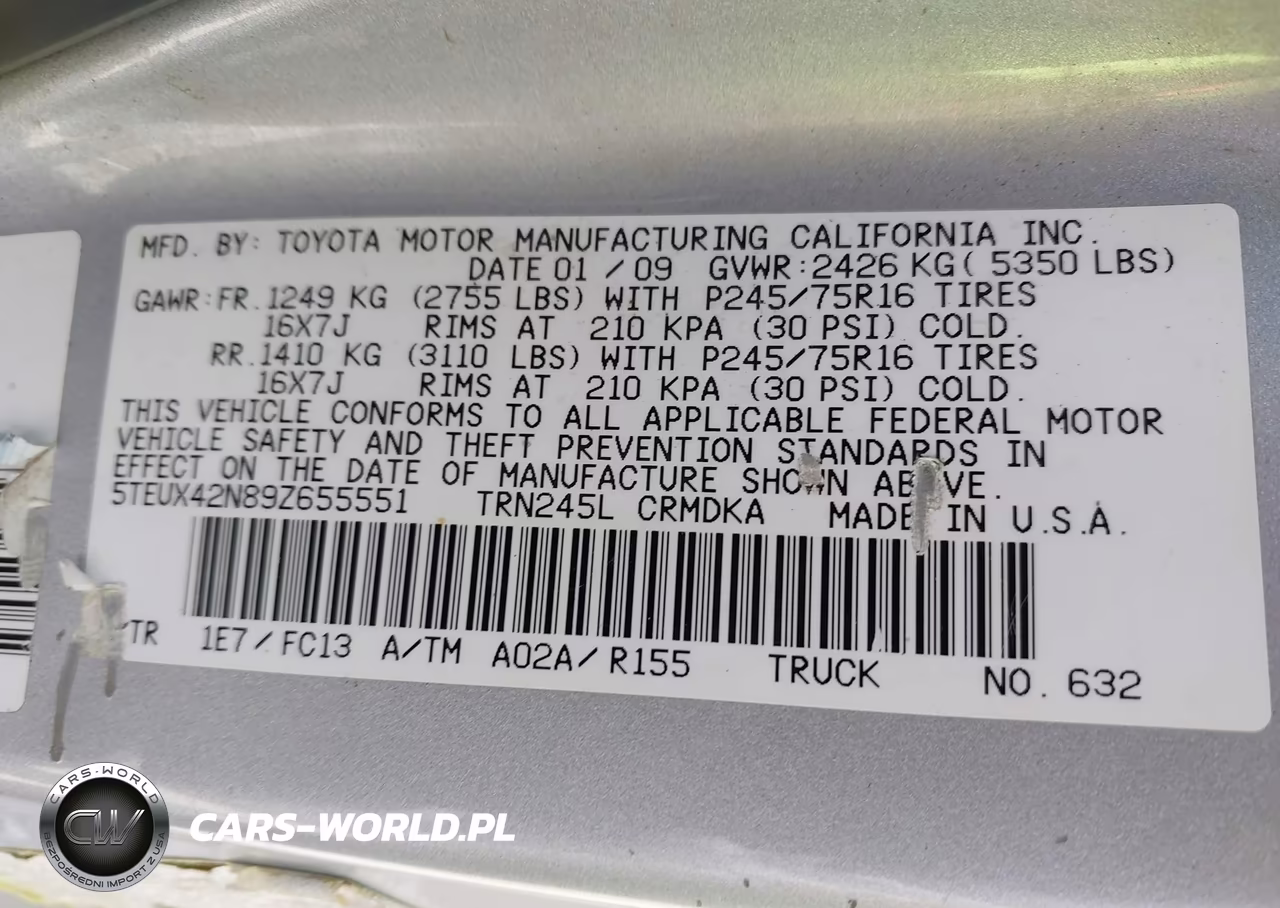2009 Toyota Tacoma VIN:5TEUX42N89Z655551 - 9