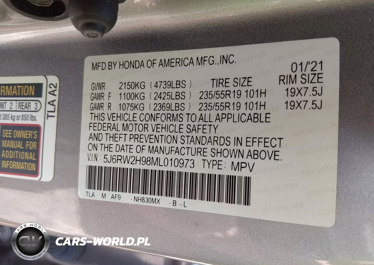 2021 Honda Cr-V Awd Touring VIN:5J6RW2H98ML010973 - 9