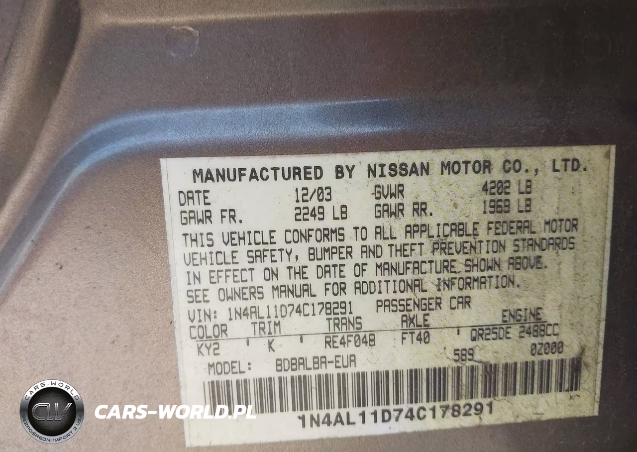 2004 Nissan Altima 2.5 S VIN:1N4AL11D74C178291 - 9