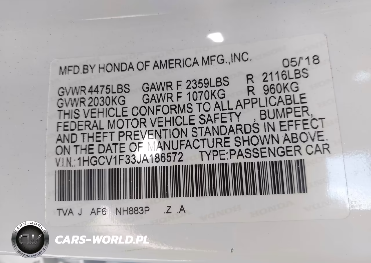 2018 Honda Accord Sport VIN:1HGCV1F33JA186572 - 7
