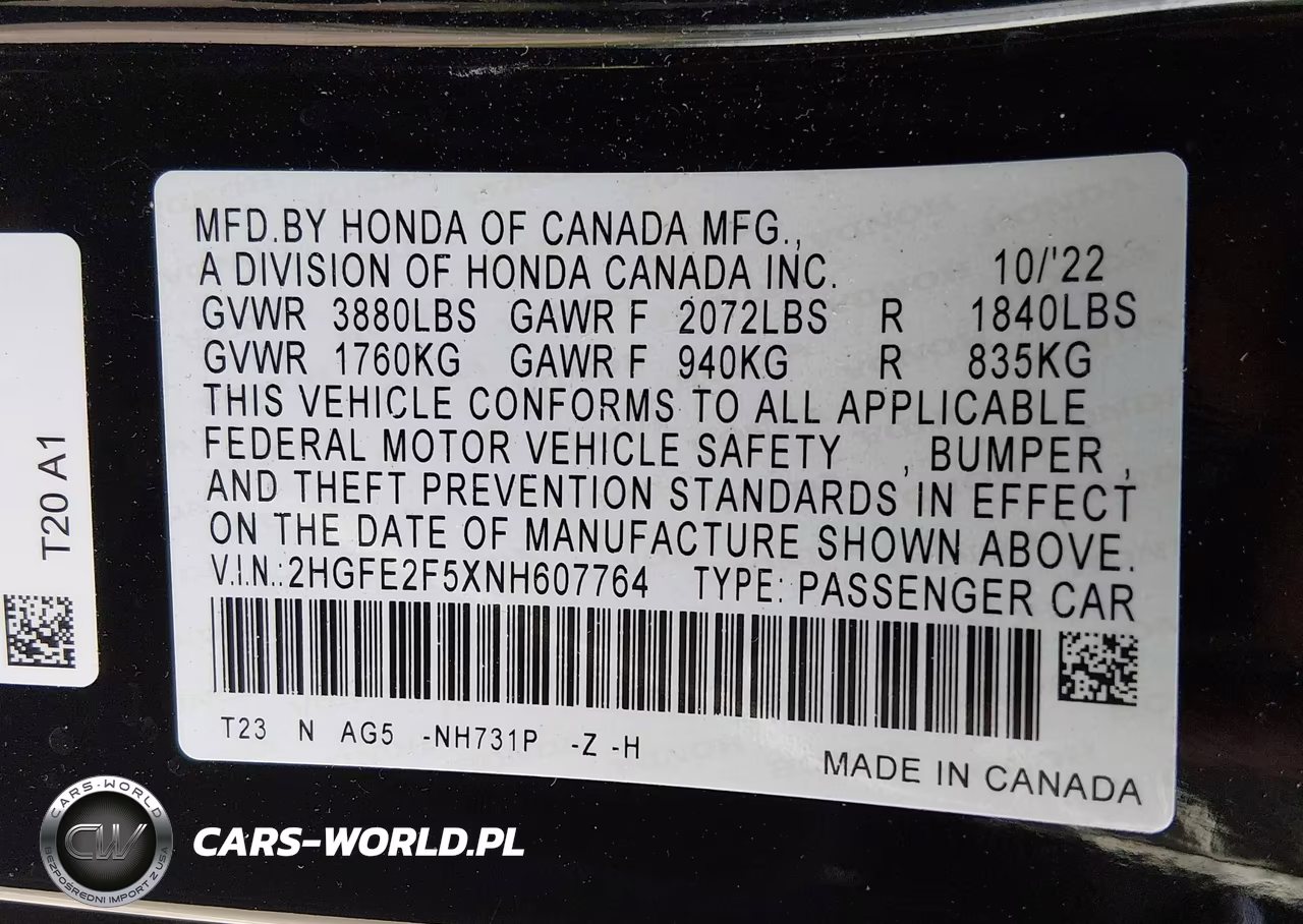 2022 Honda Civic Sport VIN:2HGFE2F5XNH607764 - 9