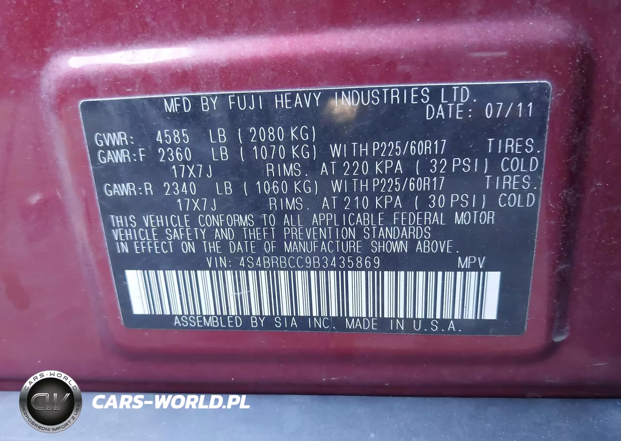 2011 Subaru Outback 2.5I Premium VIN:4S4BRBCC9B3435869 - 9