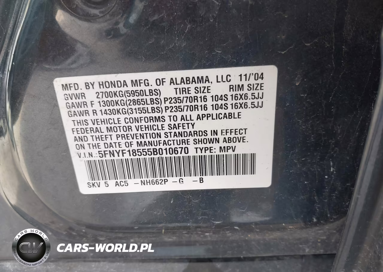 2005 Honda Pilot Ex-L VIN:5FNYF18555B010670 - 9