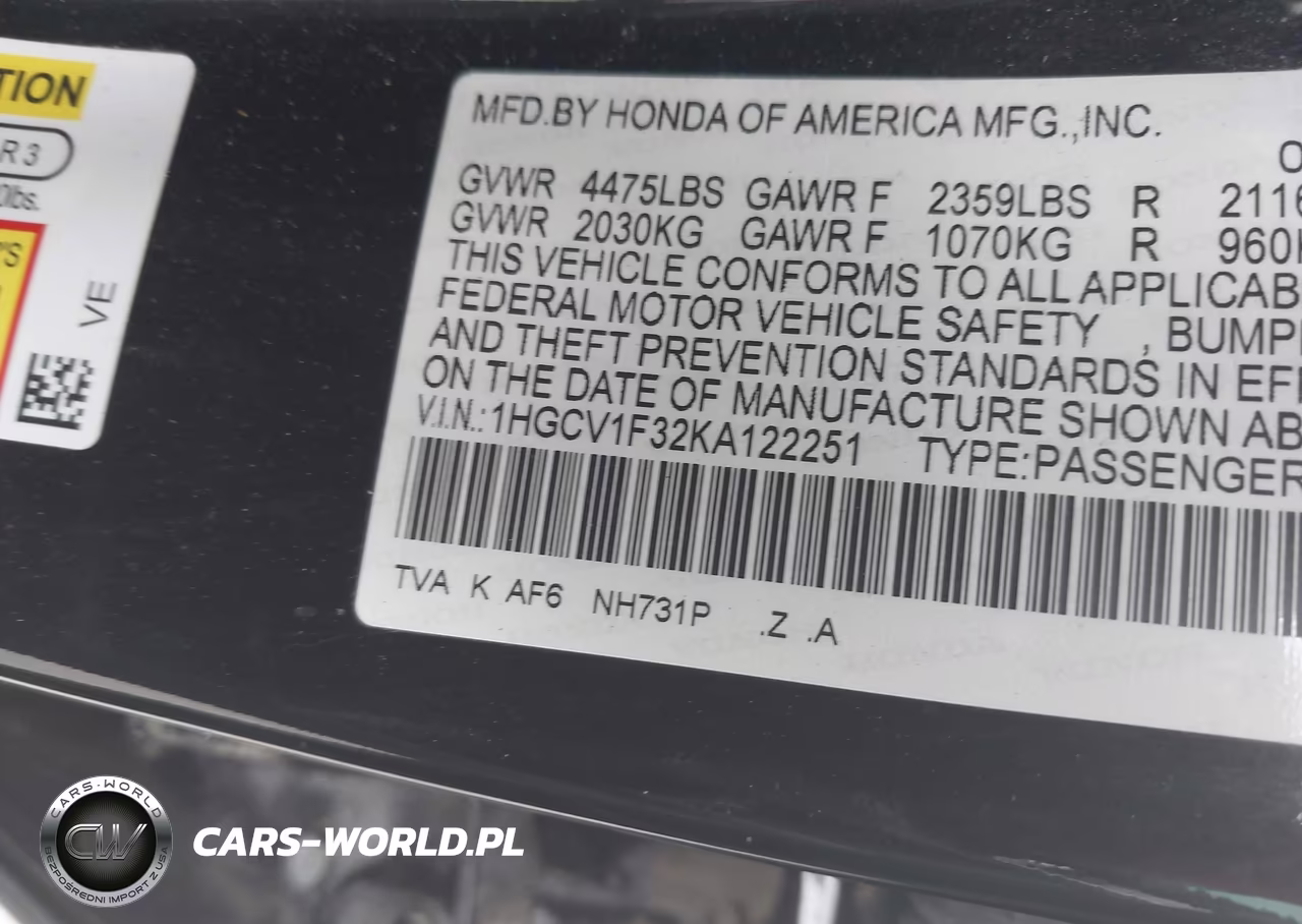 2019 Honda Accord Sport VIN:1HGCV1F32KA122251 - 9