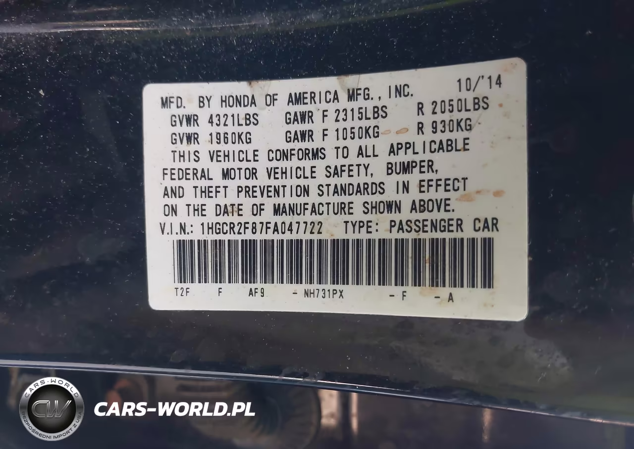 2015 Honda Accord Ex-L VIN:1HGCR2F87FA047722 - 9