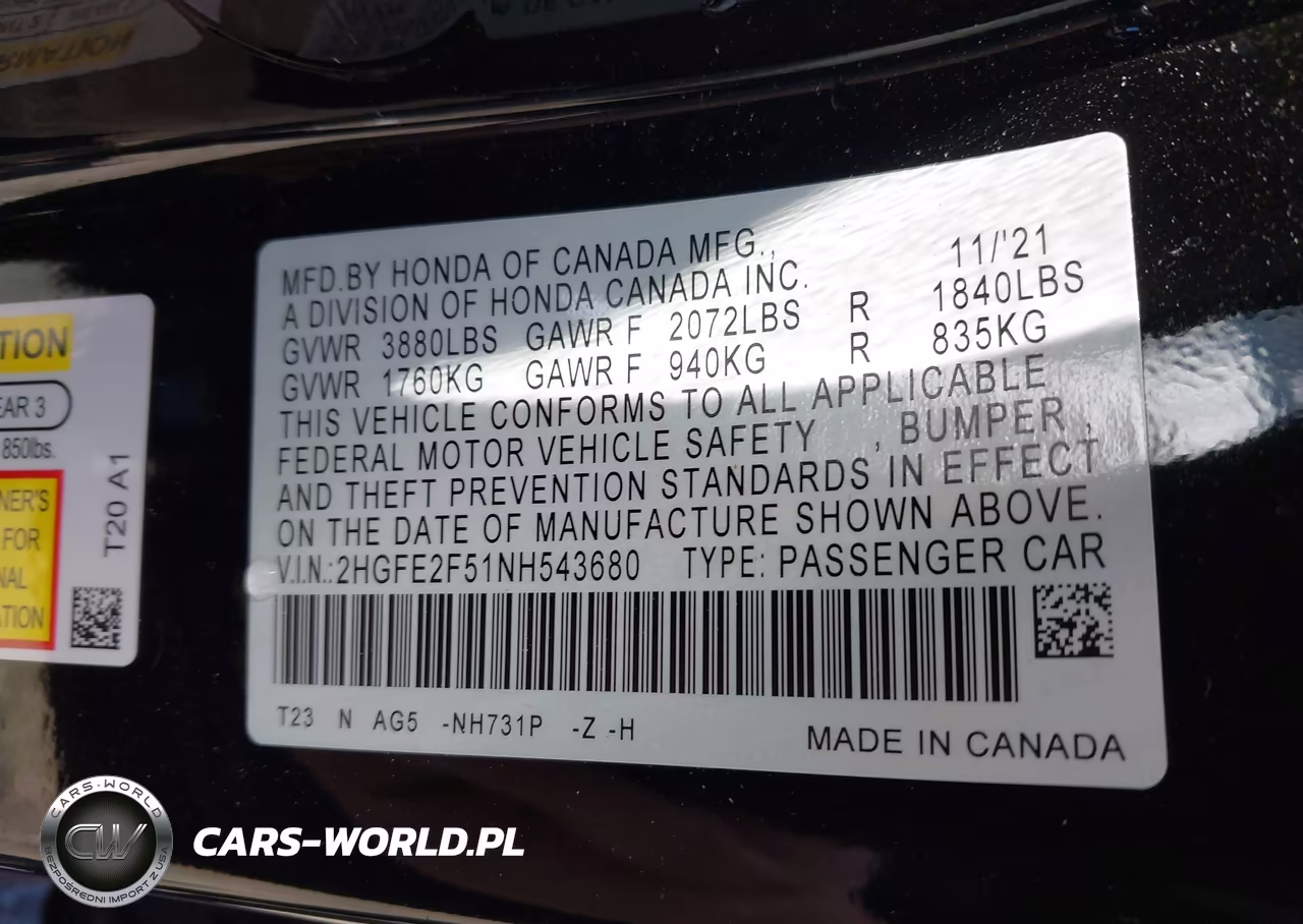 2022 Honda Civic Sport VIN:2HGFE2F51NH543680 - 9