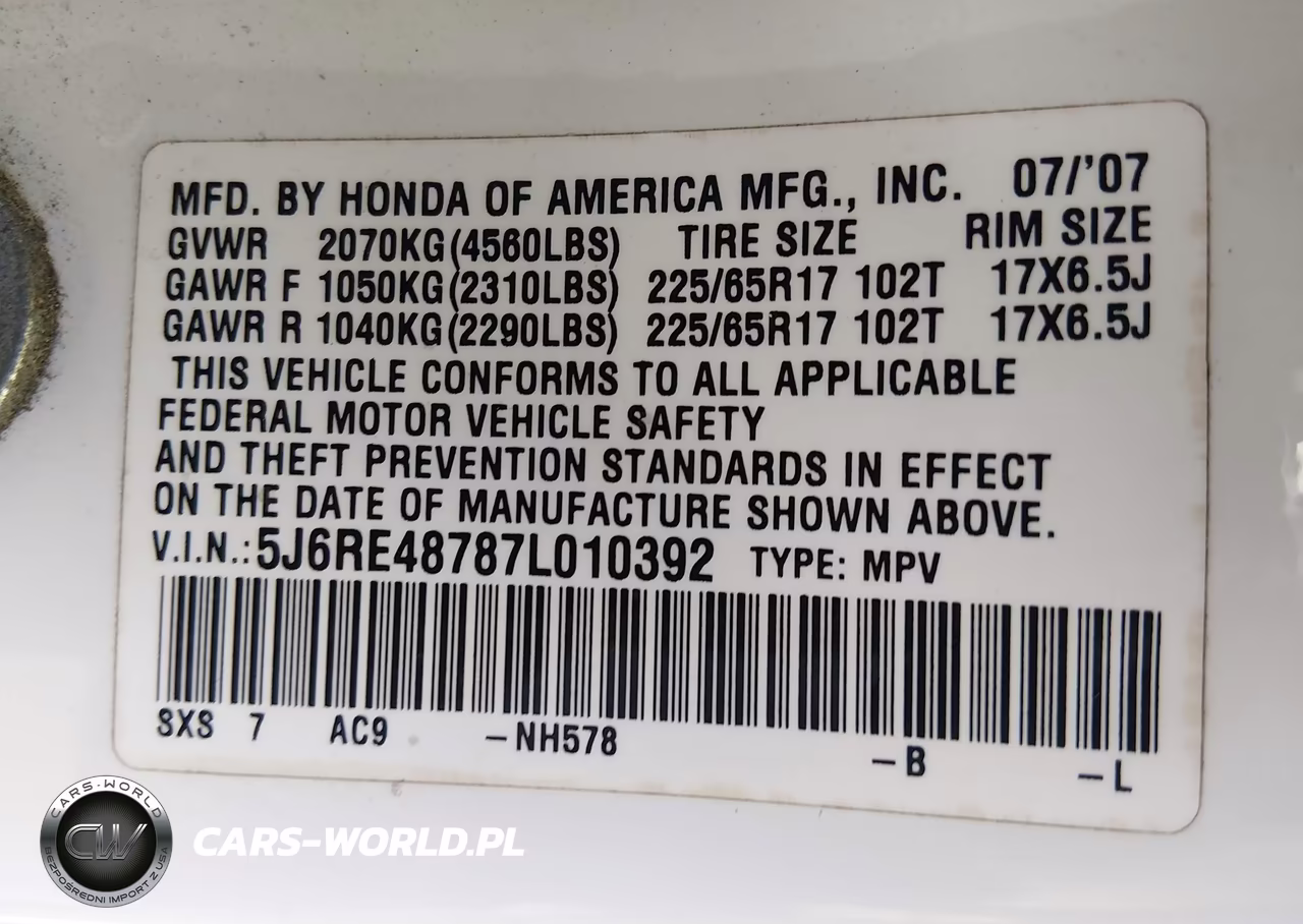 2007 Honda Cr-V Ex-L VIN:5J6RE48787L010392 - 9