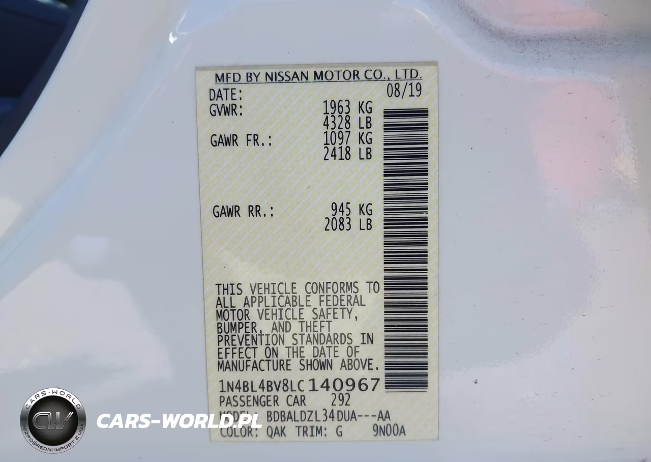 2020 Nissan Altima S Fwd VIN:1N4BL4BV8LC140967 - 9