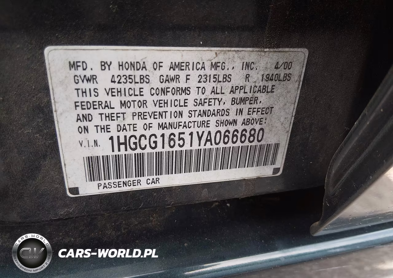 2000 Honda Accord 3.0 Ex VIN:1HGCG1651YA066680 - 9