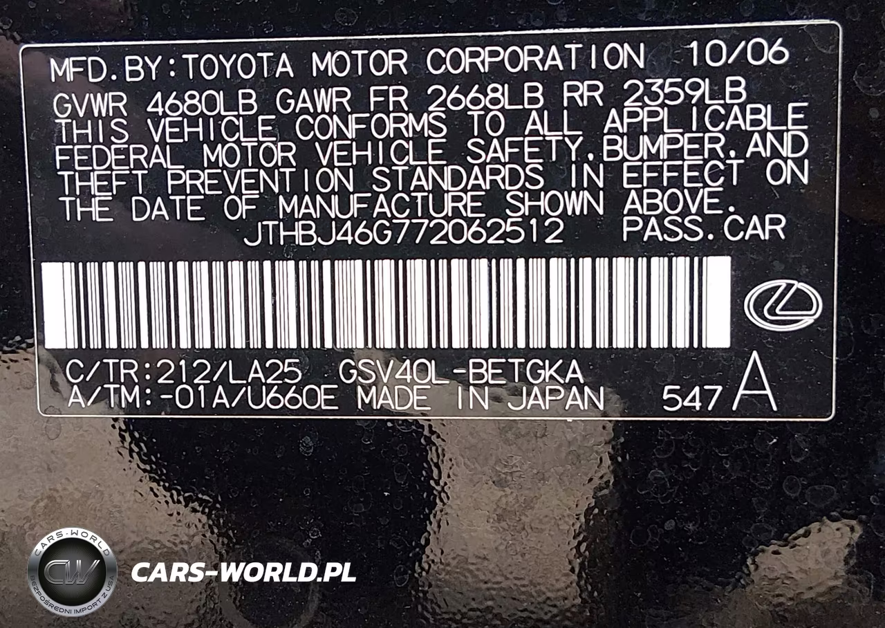 2007 Lexus Es 350 VIN:JTHBJ46G772062512 - 9