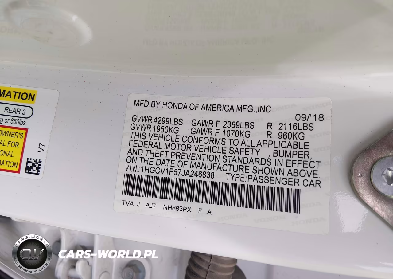 2018 Honda Accord Ex-L VIN:1HGCV1F57JA246838 - 9