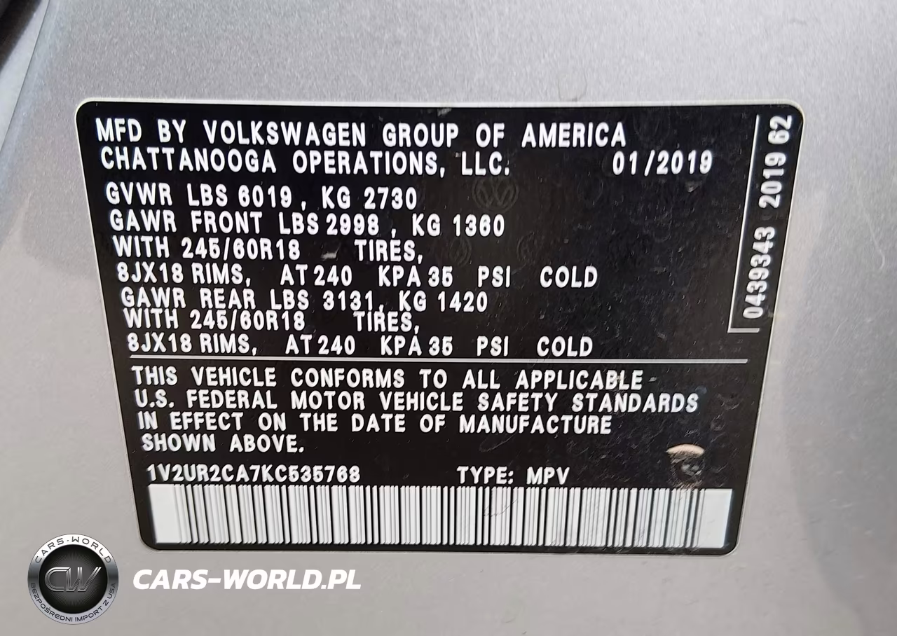 2019 Volkswagen Atlas 3.6L V6 Se W-Technology VIN:1V2UR2CA7KC535768 - 9