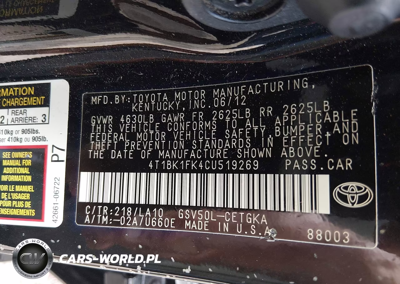 2012 Toyota Camry Xle V6 VIN:4T1BK1FK4CU519269 - 9