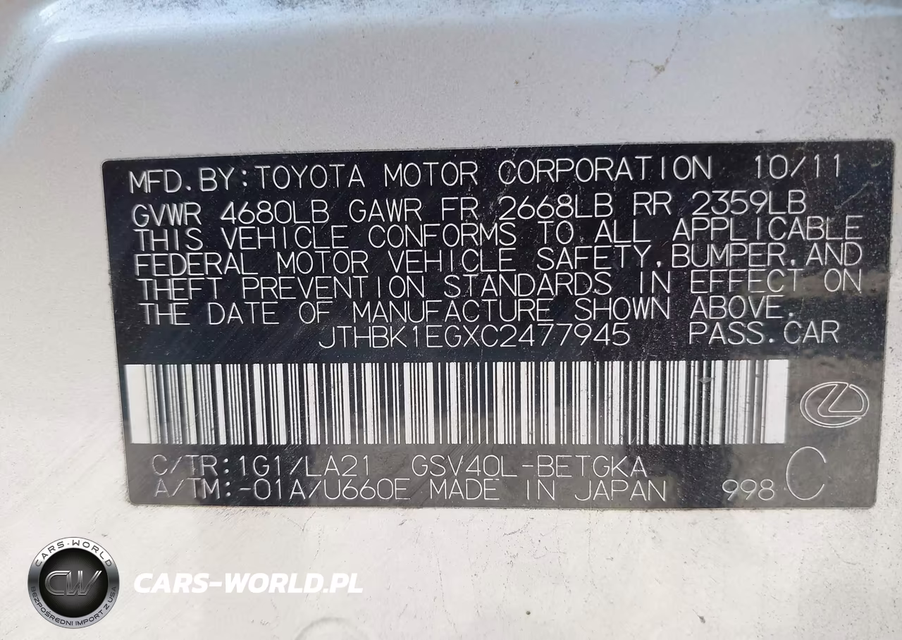 2012 Lexus Es 350 VIN:JTHBK1EGXC2477945 - 9