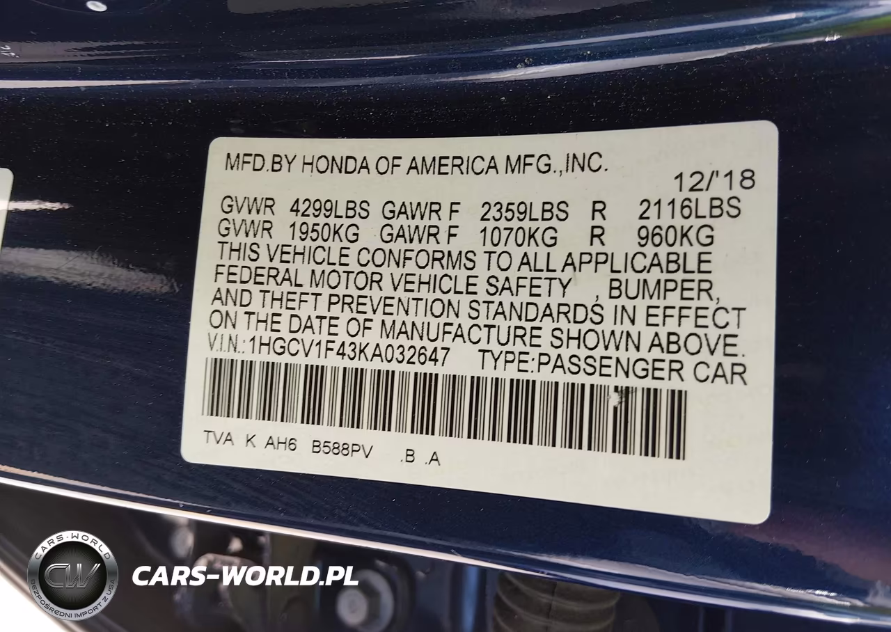 2019 Honda Accord Ex VIN:1HGCV1F43KA032647 - 9
