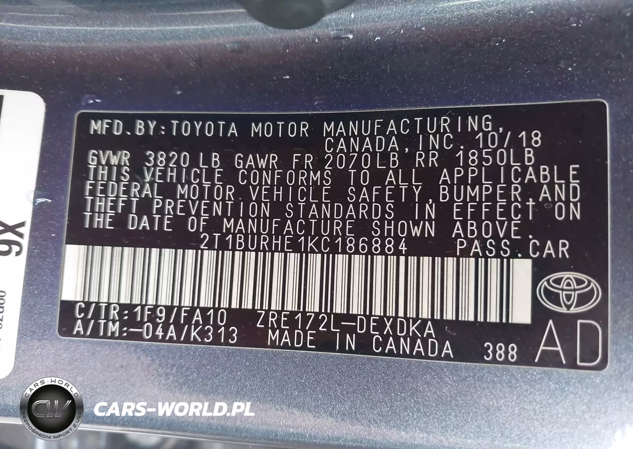 2019 Toyota Corolla L VIN:2T1BURHE1KC186884 - 9
