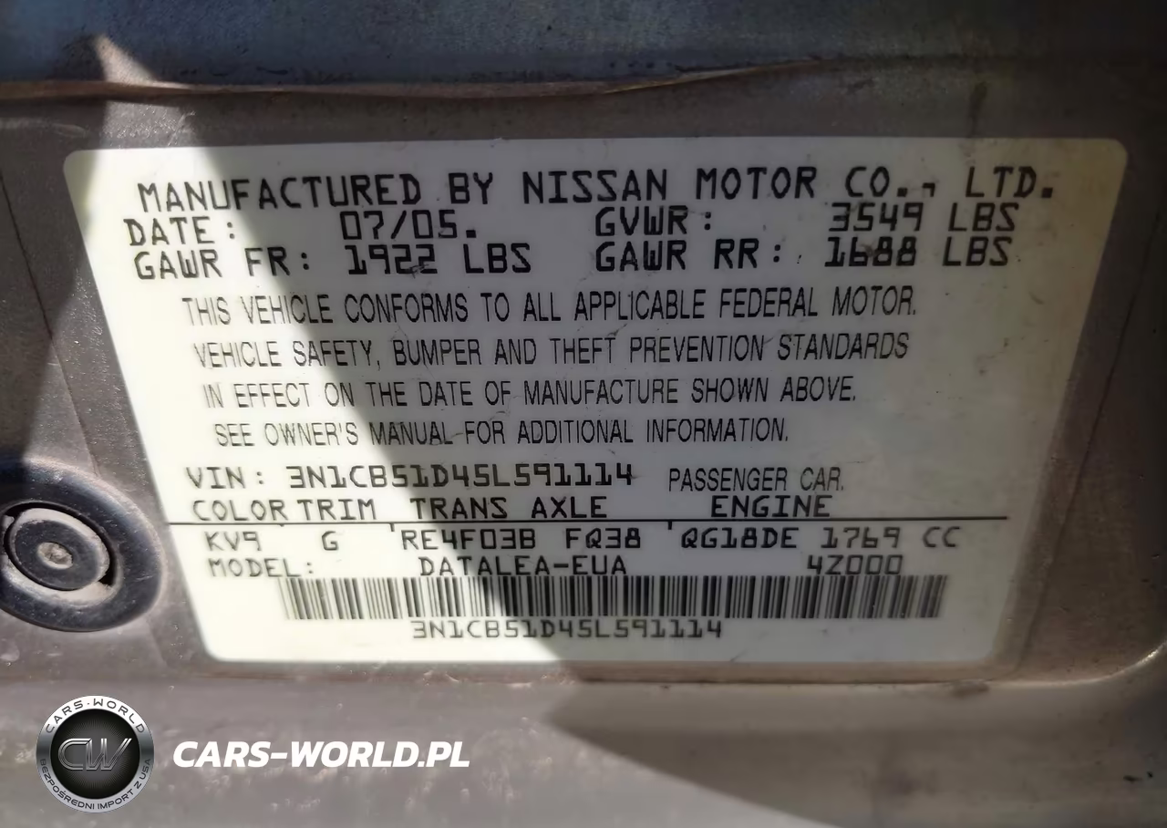 2005 Nissan Sentra 1.8S VIN:3N1CB51D45L591114 - 9