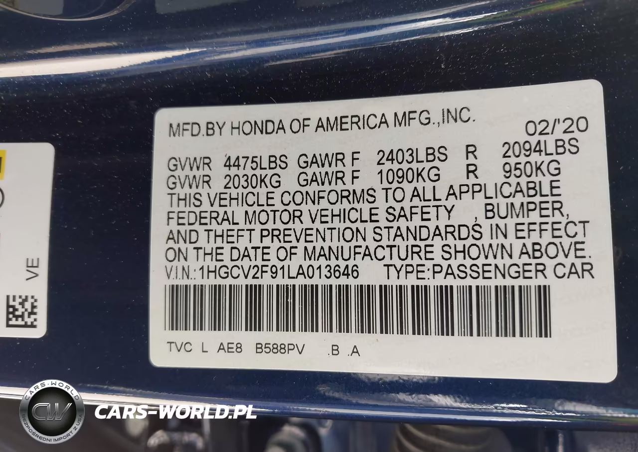 2020 Honda Accord Touring VIN:1HGCV2F91LA013646 - 9