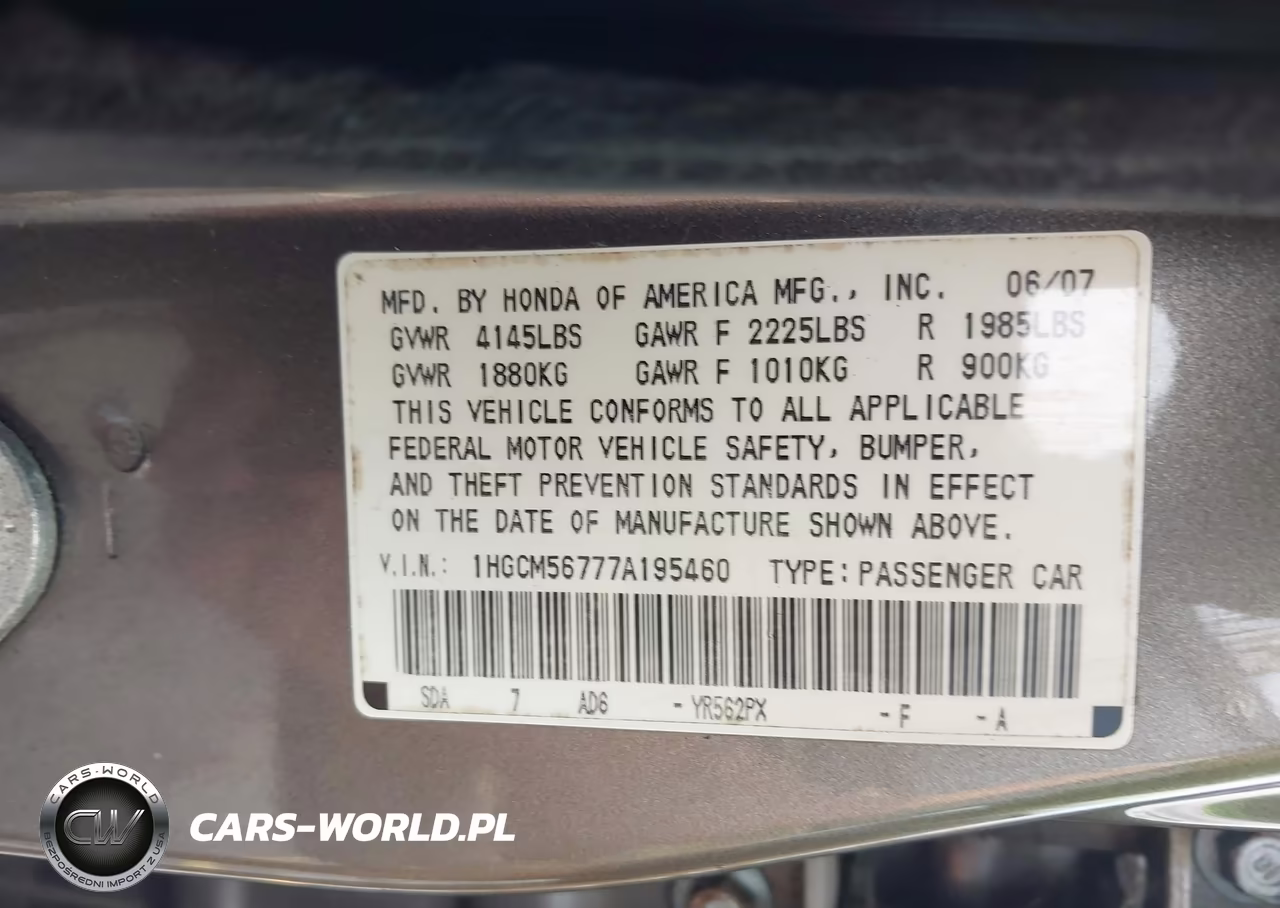 2007 Honda Accord 2.4 Ex VIN:1HGCM56777A195460 - 9