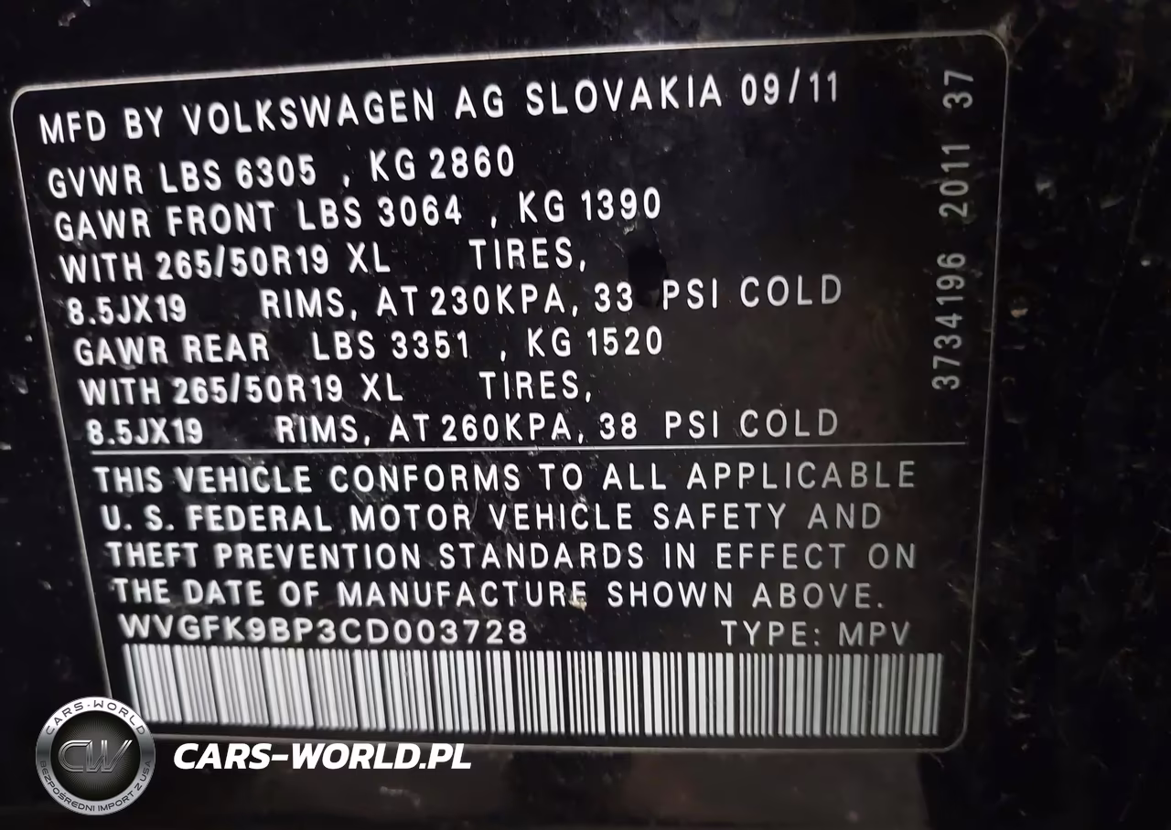 2012 Volkswagen Touareg Tdi Lux VIN:WVGFK9BP3CD003728 - 9