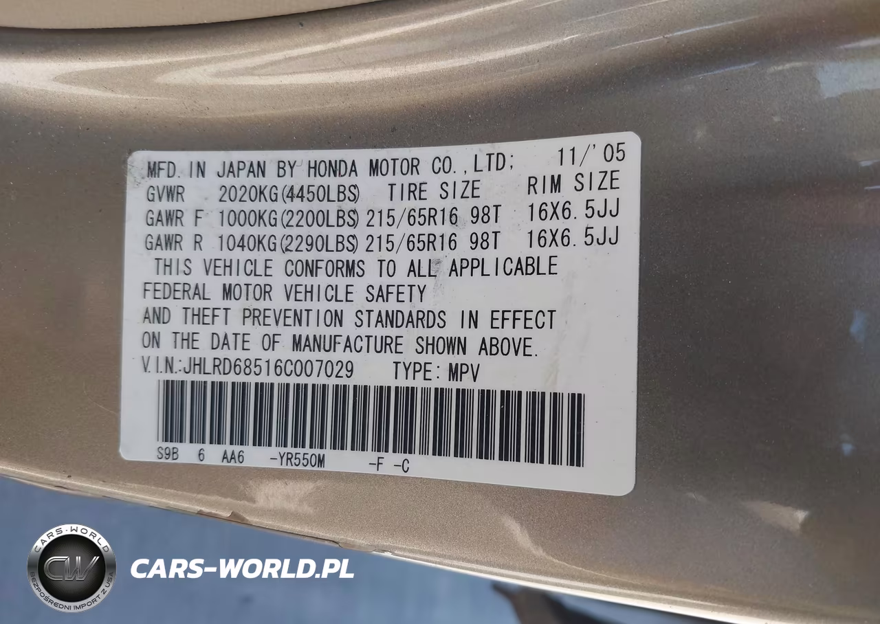 2006 Honda Cr-V Lx VIN:JHLRD68516C007029 - 9