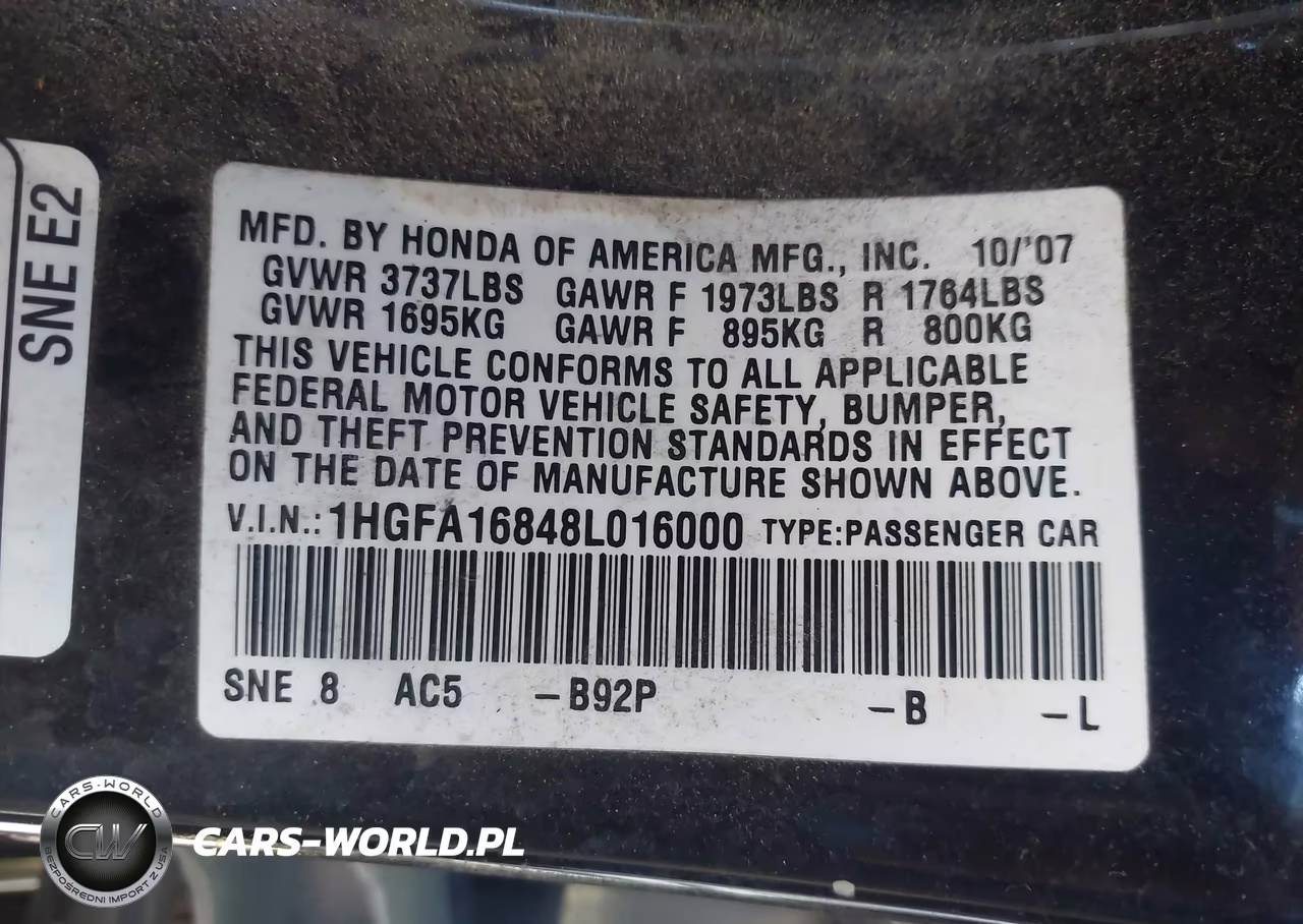 2008 Honda Civic Ex VIN:1HGFA16848L016000 - 9