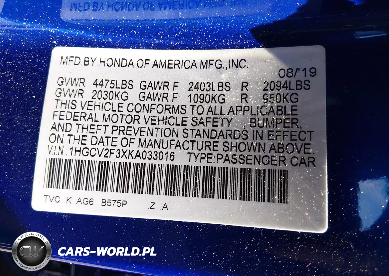2019 Honda Accord Sport 2.0T VIN:1HGCV2F3XKA033016 - 9