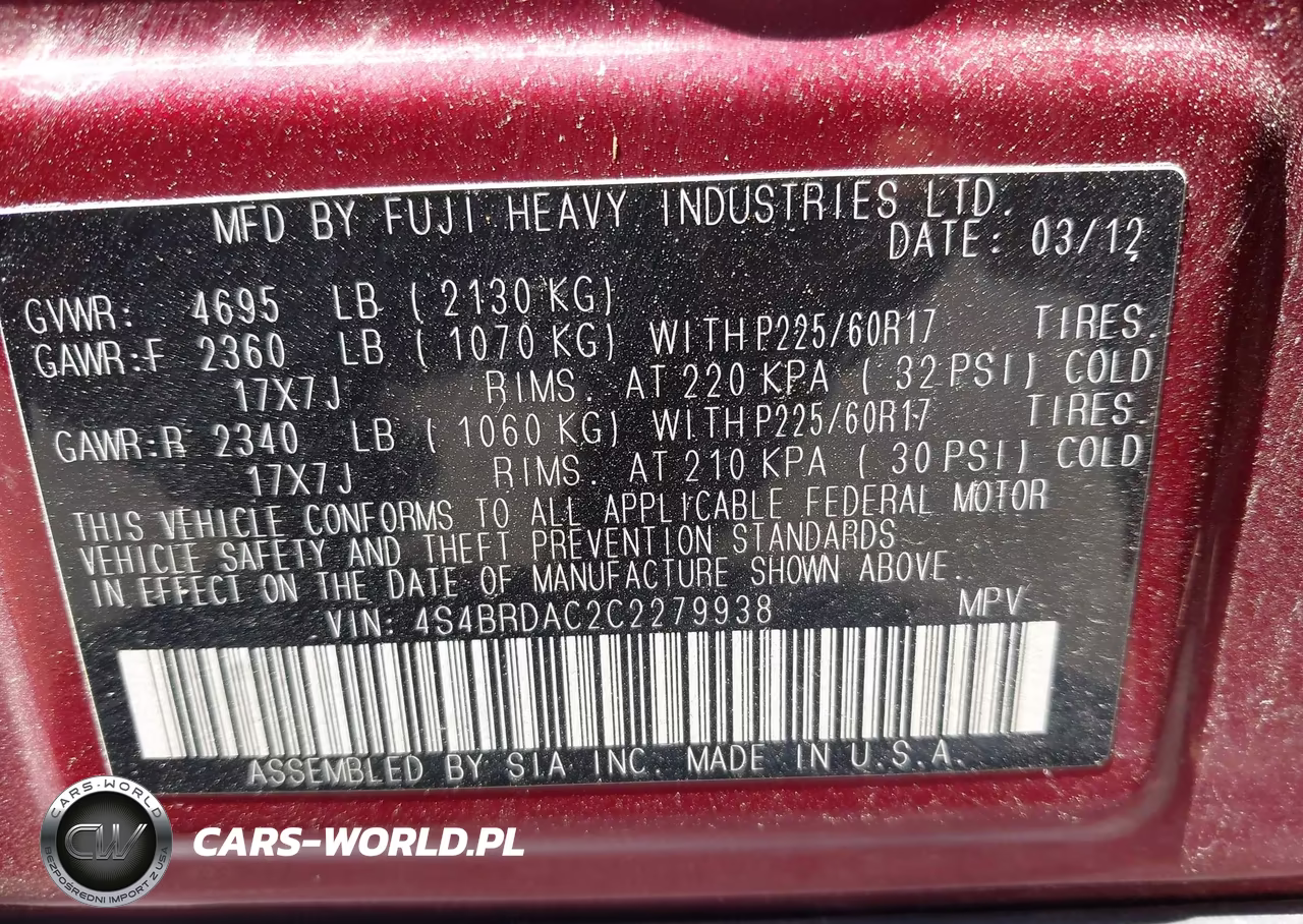 2012 Subaru Outback 3.6R VIN:4S4BRDAC2C2279938 - 9