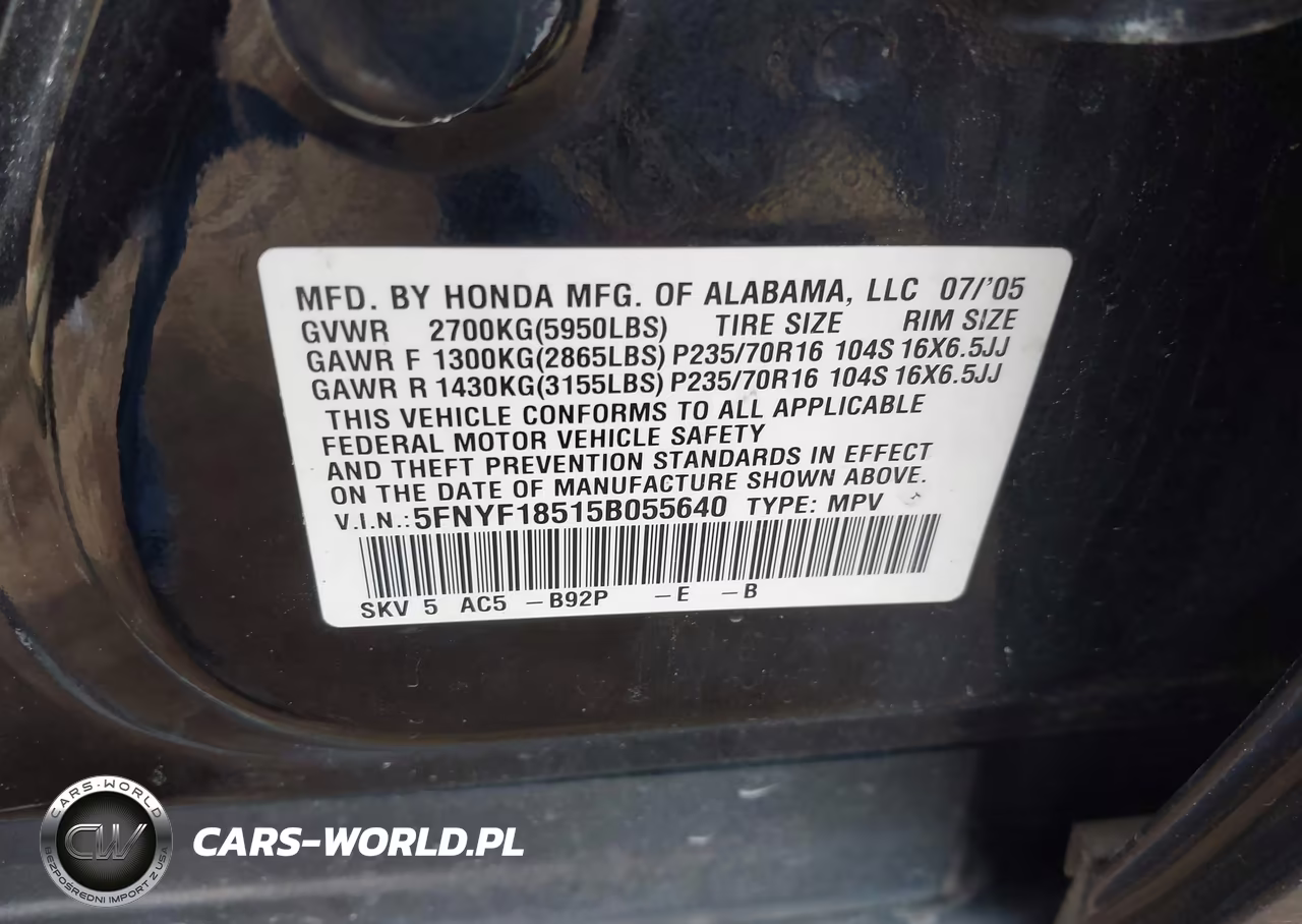 2005 Honda Pilot Ex-L VIN:5FNYF18515B055640 - 9