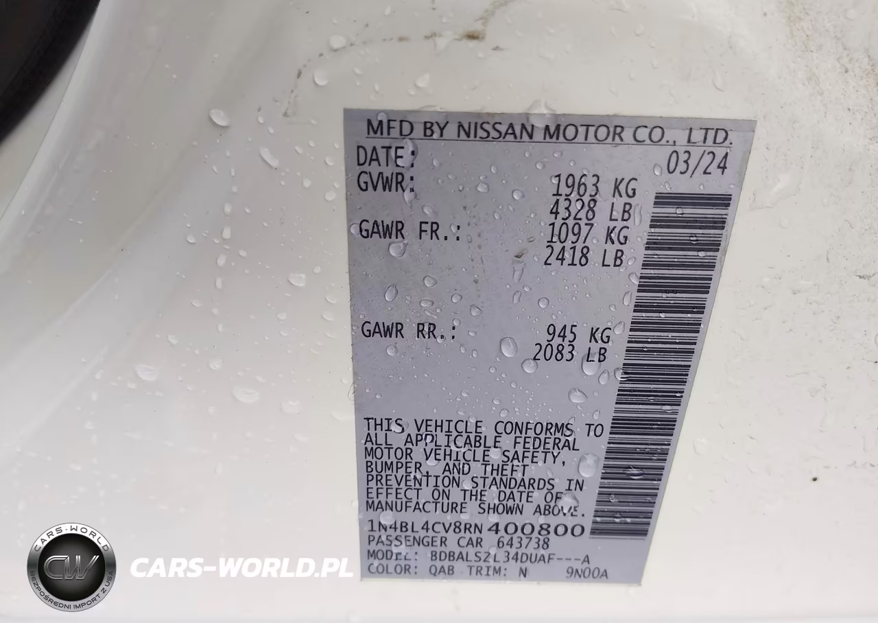 2024 Nissan Altima Sr Fwd VIN:1N4BL4CV8RN400800 - 9