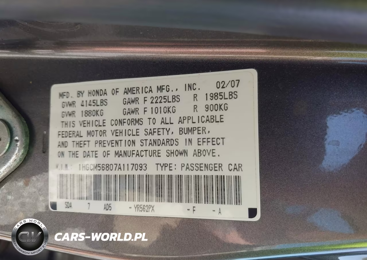 2007 Honda Accord 2.4 Ex VIN:1HGCM56807A117093 - 9