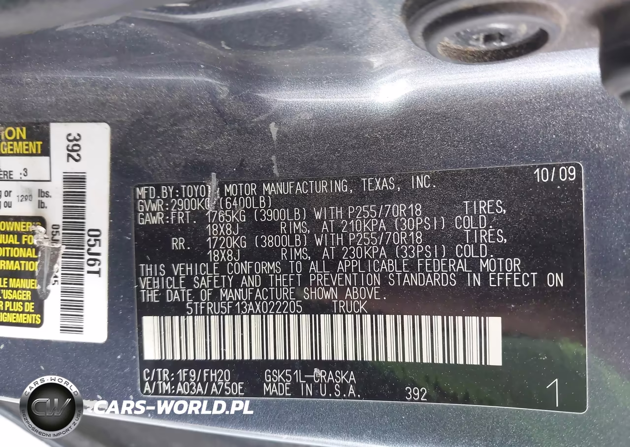 2010 Toyota Tundra Grade V6 VIN:5TFRU5F13AX022205 - 9